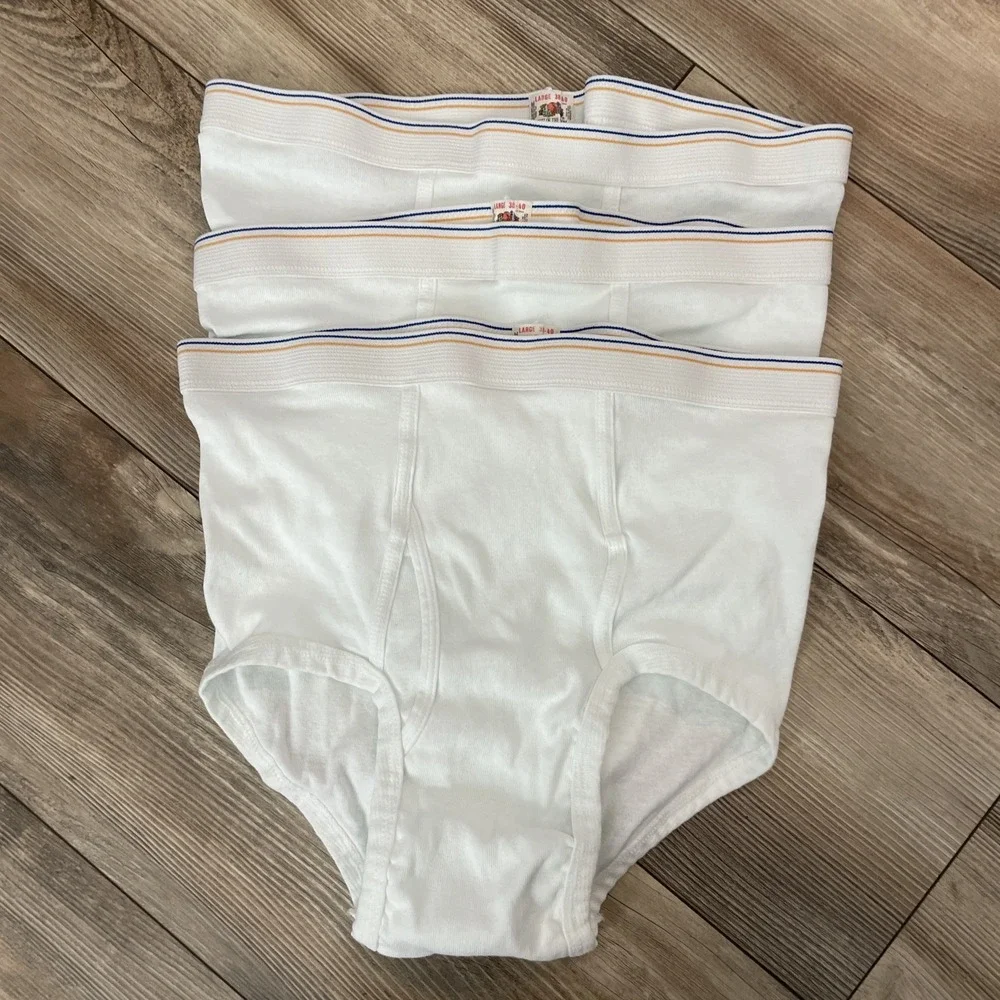 3 Vintage Fruit of the‎ Loom Underwear Briefs Large 38-40 Blue Yellow Stripe USA
